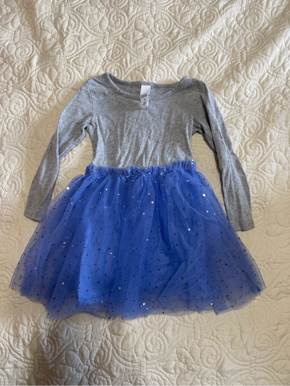Girls blue tulle party dress glitter sparkles in skirt with grey long sleeve top